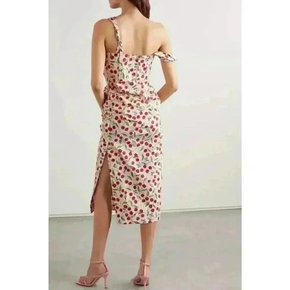 Carolina Herrera Cherry Print Off Shoulder Midi Dress 6 S Drape Designer Runway - Picture 5 of 16